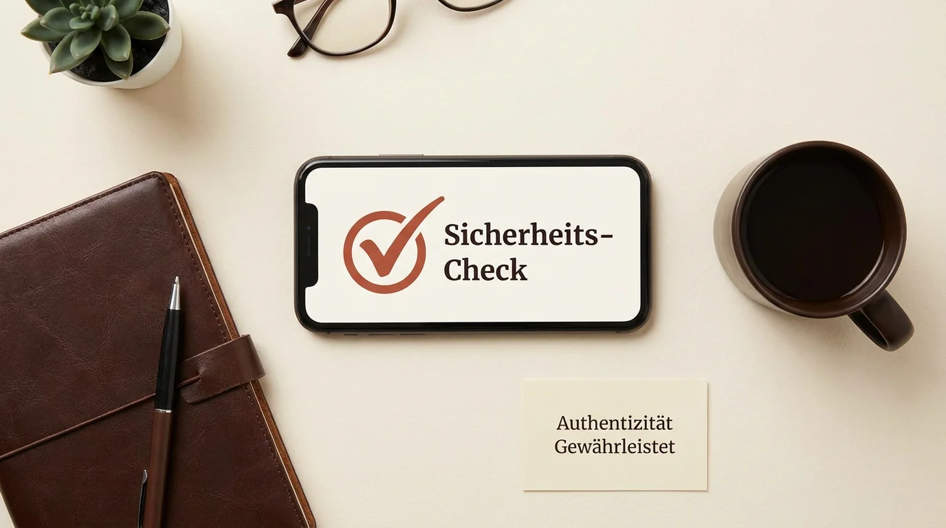 Flat-lay eines Smartphones mit einem Sicherheits-Check Symbol und dem Text Authentizität Gewährleistet auf einem hellen, aufgeräumten Schreibtisch.