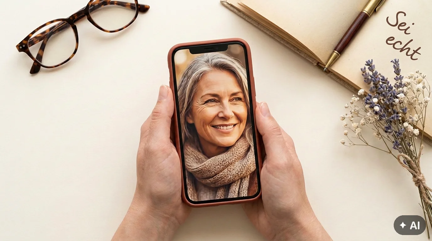 Nahaufnahme von Händen, die ein Smartphone mit einem authentischen Porträtfoto halten, umgeben von persönlichen Accessoires.