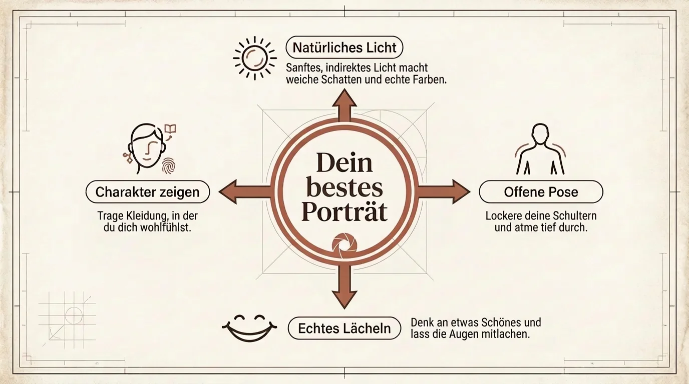Infografik mit vier Tipps fürs eigene Porträt: natürliches Licht, offene Pose, echtes Lächeln und Kleidung, in der du dich wohlfühlst.