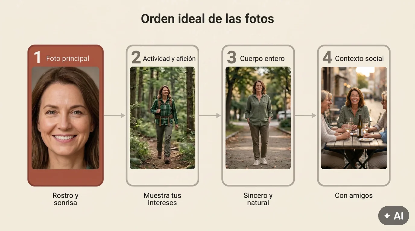 Infografía sobre el orden ideal de las fotos de perfil para citas: foto principal, actividad, cuerpo entero y contexto social, con cuatro tipos de foto numerados del 1 al 4.