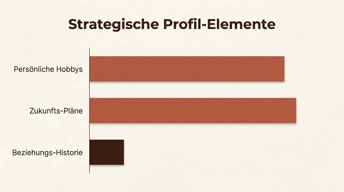 Balkendiagramm zur Gewichtung von Profilinhalten: Hoher Fokus auf Hobbys und Zukunftspläne, geringer Fokus auf die Beziehungs-Historie.
