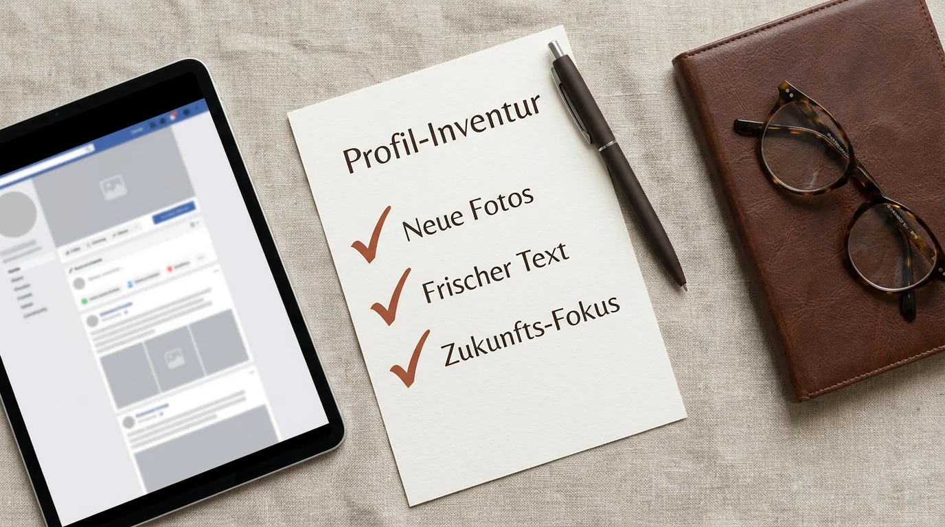 Flatlay einer Profil-Inventur für Online-Dating mit Checkliste, Tablet und Notizbuch auf hellem Hintergrund in Terracotta-Tönen.