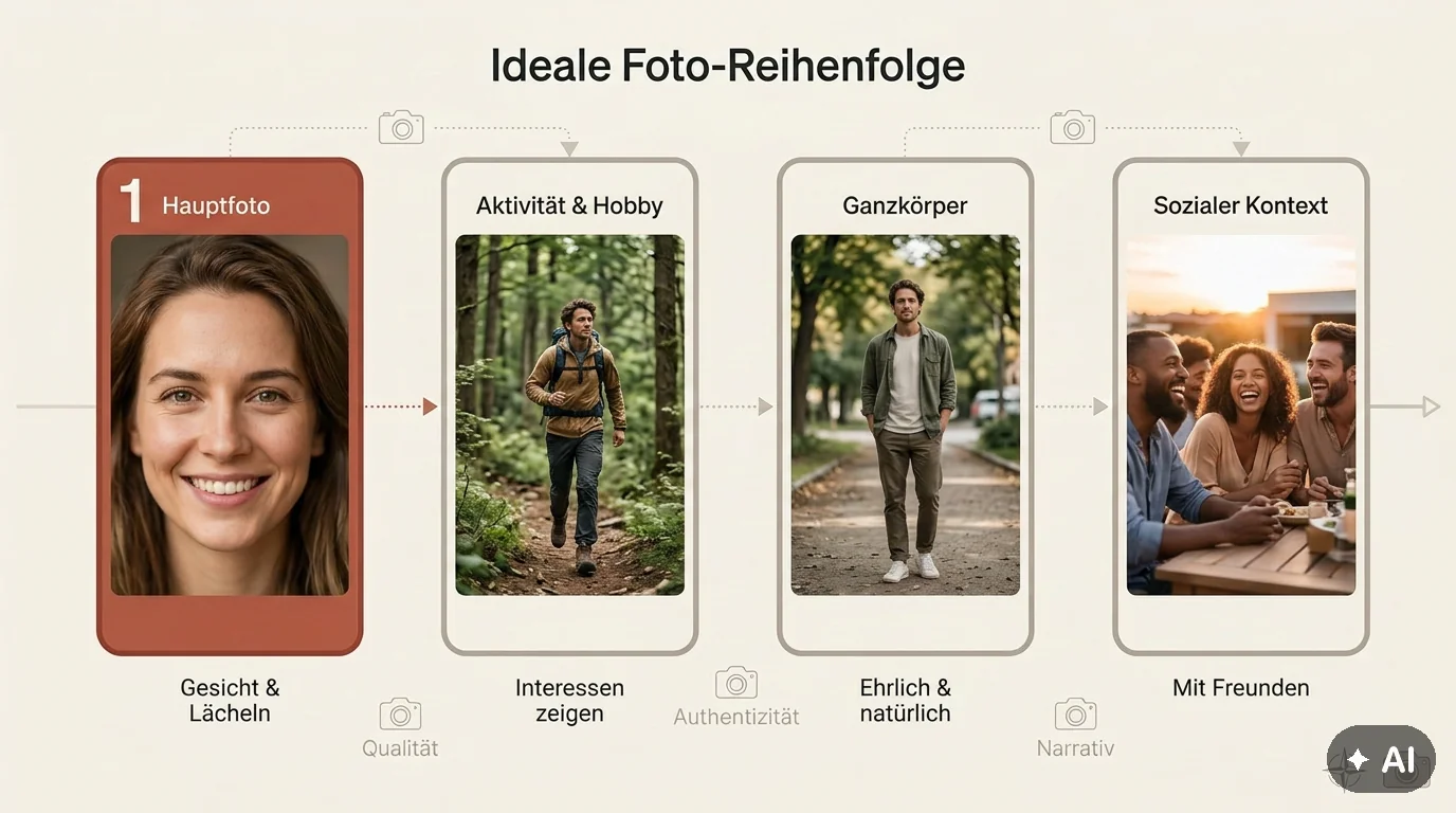 Infografik zur idealen Reihenfolge von Dating-Profilbildern: Lead-Foto, Lifestyle, Hobby und sozialer Kontext im Marken-Design.