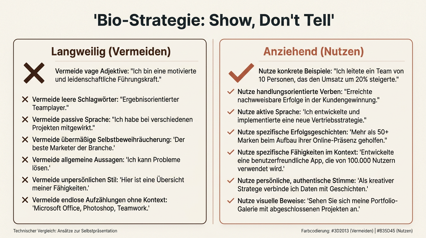 Gegenüberstellung von langweiligen und attraktiven Textbeispielen für die Dating-App Bio im professionellen Marken-Layout.
