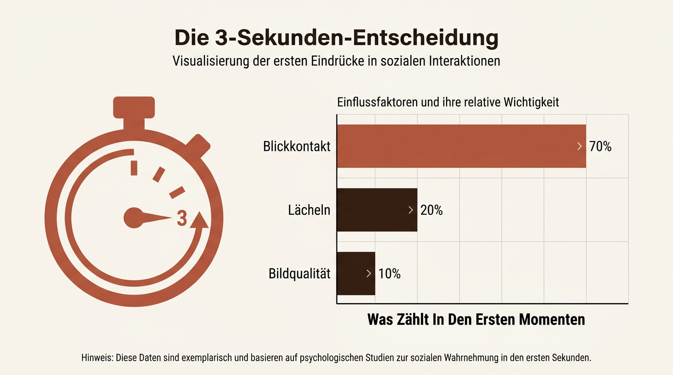 Balkendiagramm zur Psychologie des ersten Eindrucks bei Dating-Profilen, das die Wichtigkeit von Blickkontakt und Bildqualität zeigt.