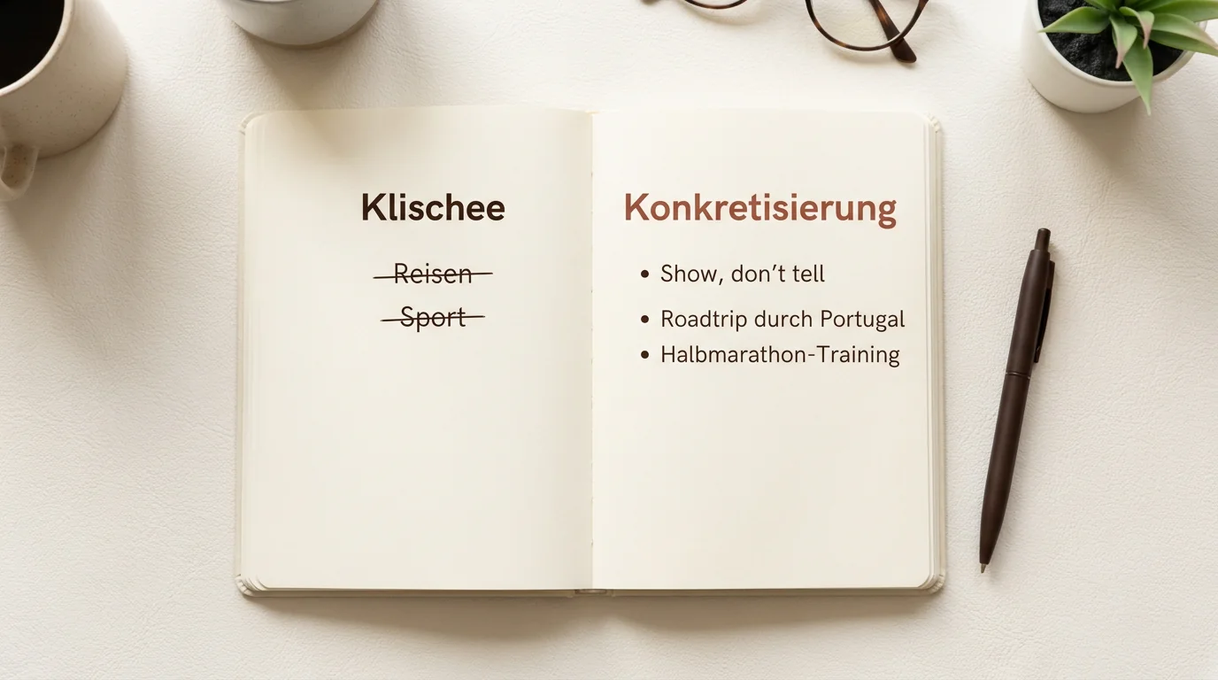 Flat-lay eines Notizbuchs mit Beispielen für das 'Show don't tell' Prinzip zur Aufwertung von Dating-Profiltexten.