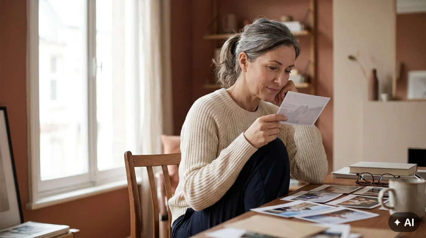 A person looking through printed photos, choosing one for their profile.