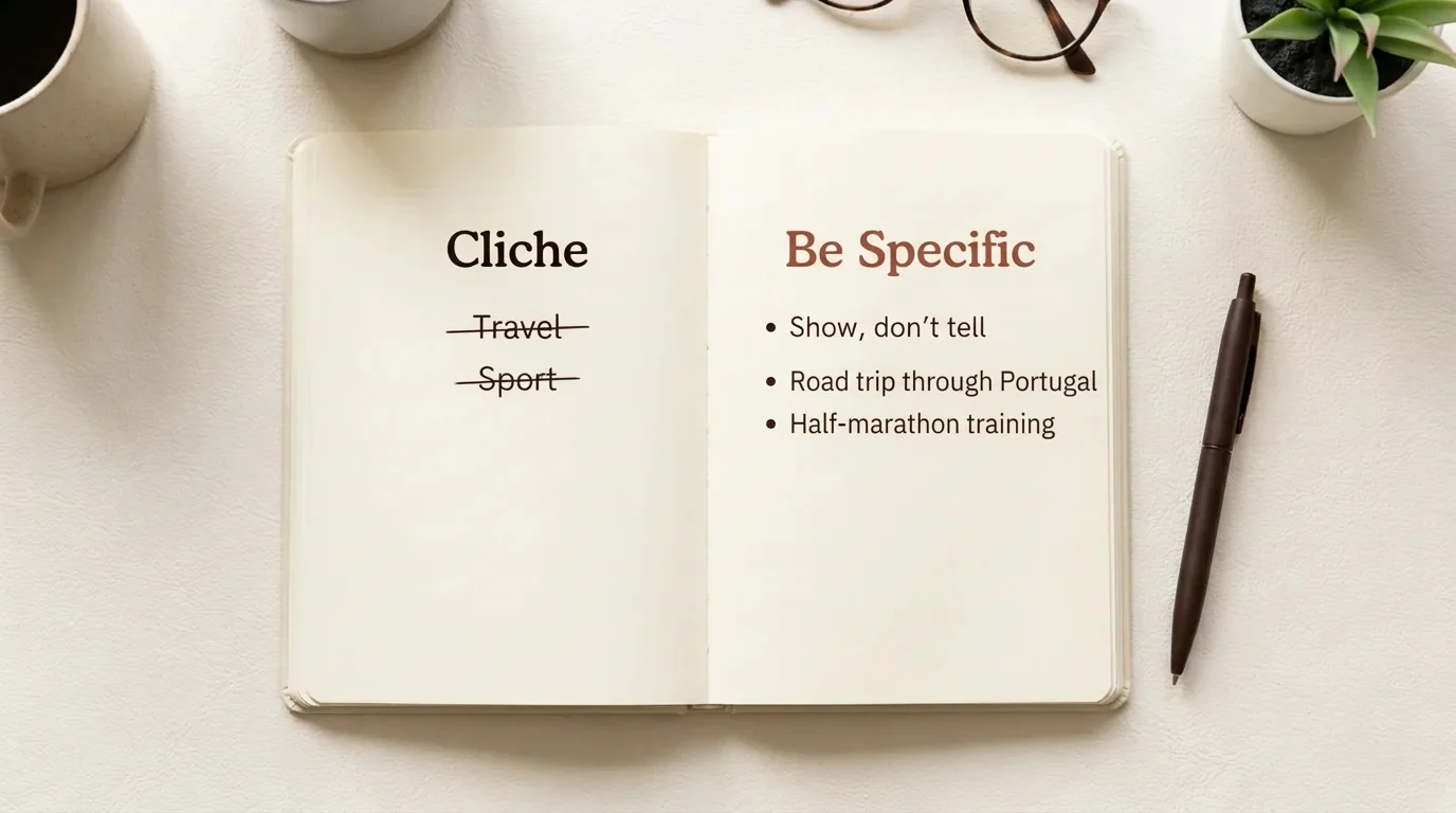 Flat-lay of a notebook with examples of the 'show, don't tell' principle for improving dating profile bios.