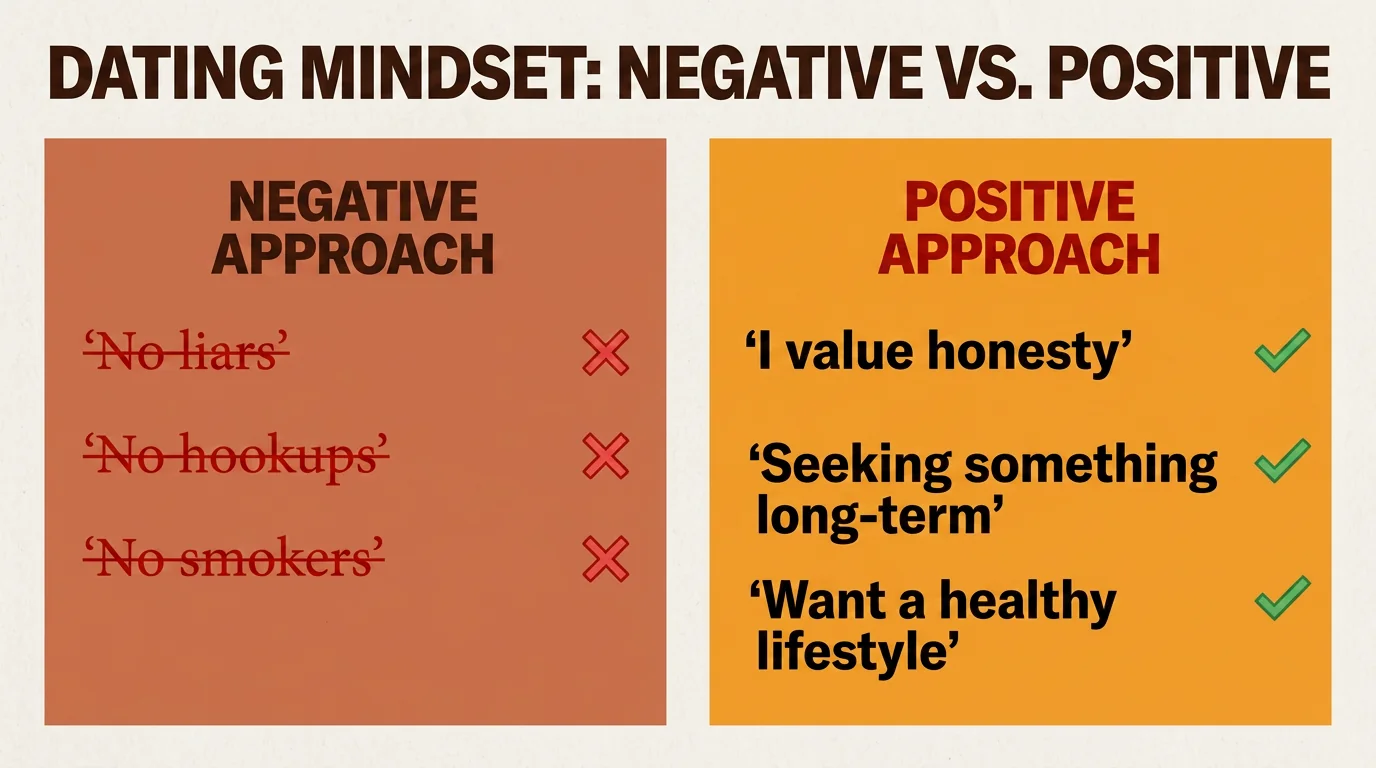 Infographic comparing negative deal-breakers with positive phrasing on a dating profile for a better psychological impact.