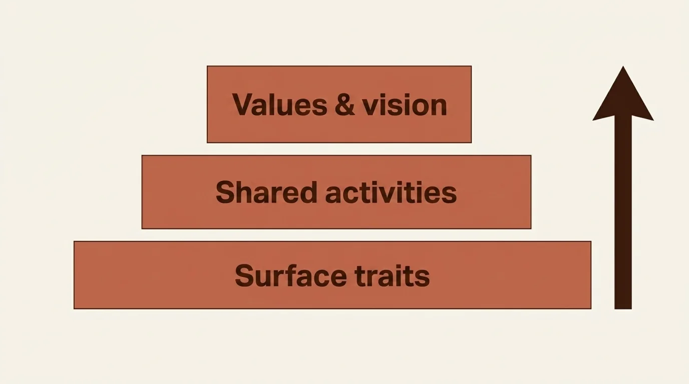 Diagram showing the depth of matching on a dating profile: from superficial traits to deep-seated values and visions.