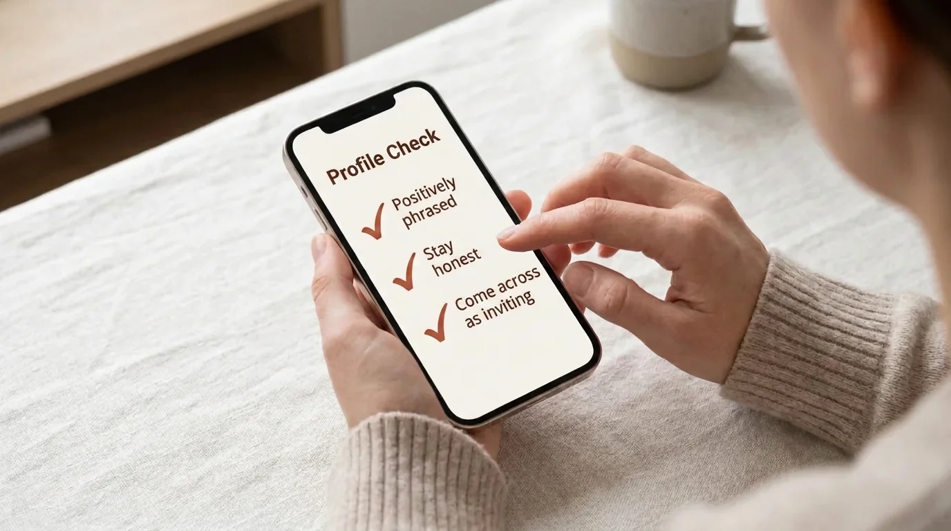Close-up of a person reviewing their dating profile against a checklist for positive phrasing and honesty.
