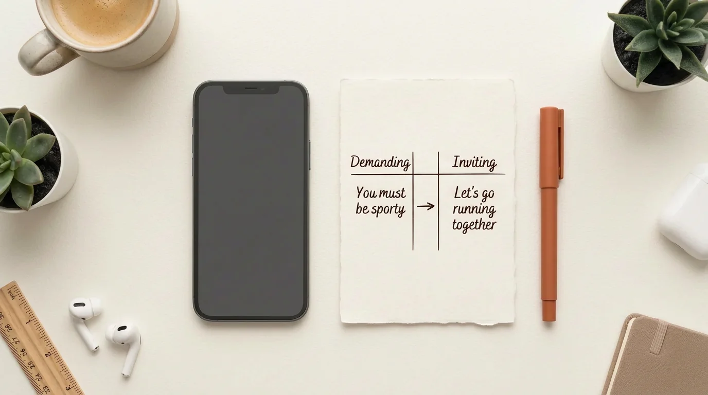 Flat-lay composition of a notepad comparing demanding requirements with inviting activities in a dating context.