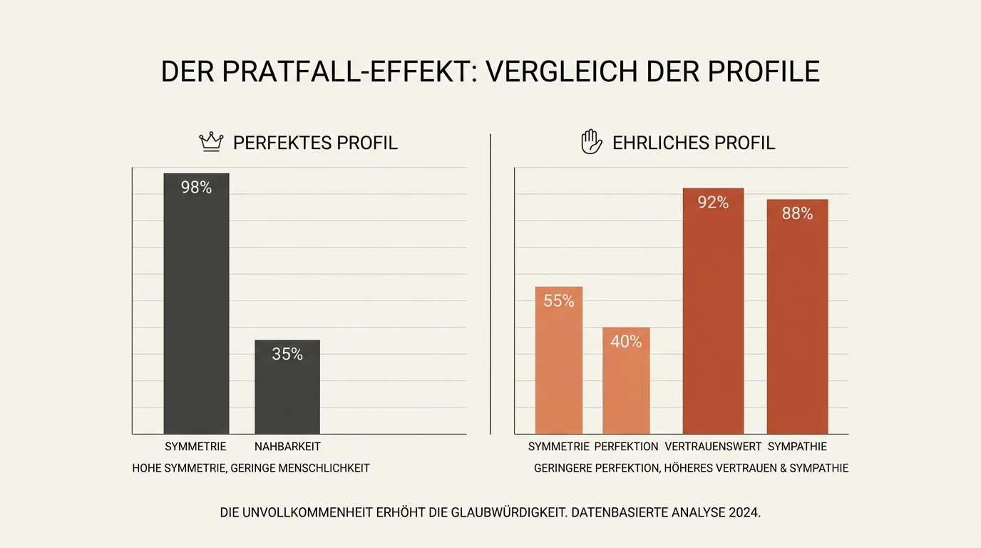 Infografik zum Pratfall-Effekt im Online-Dating: Vergleich zwischen perfektem und ehrlichem Profil zeigt höheres Vertrauen bei Authentizität.
