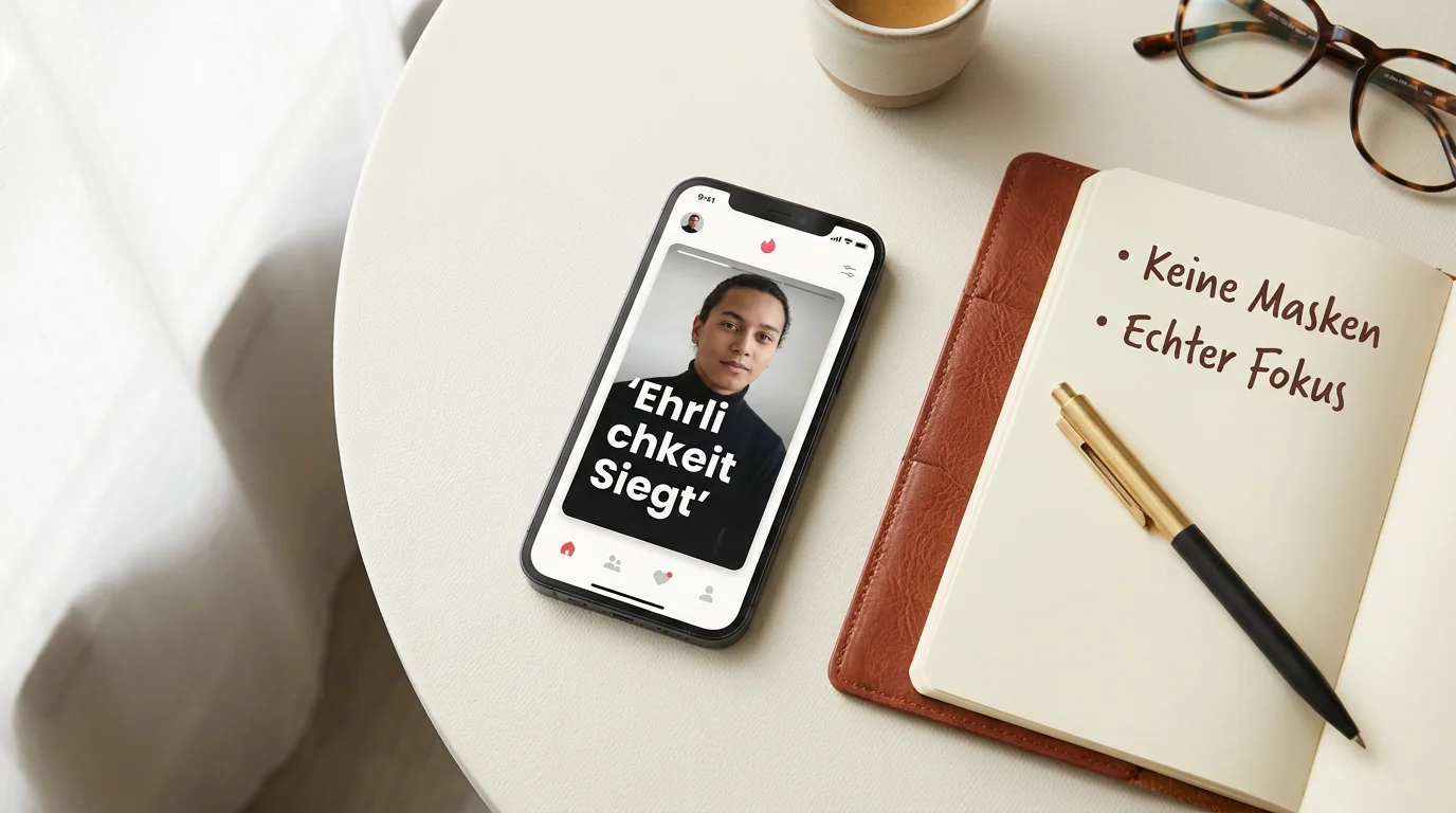 Flat-lay mit Smartphone und Notizbuch zur Gestaltung eines ehrlichen Online-Dating-Profils ohne Filter und Masken.