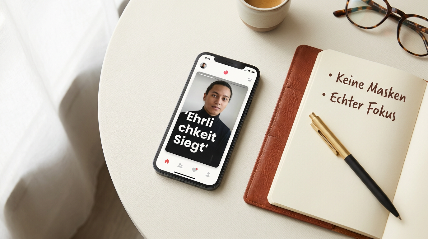 Flat-lay mit Smartphone und Notizbuch zur Gestaltung eines ehrlichen Online-Dating-Profils ohne Filter und Masken.