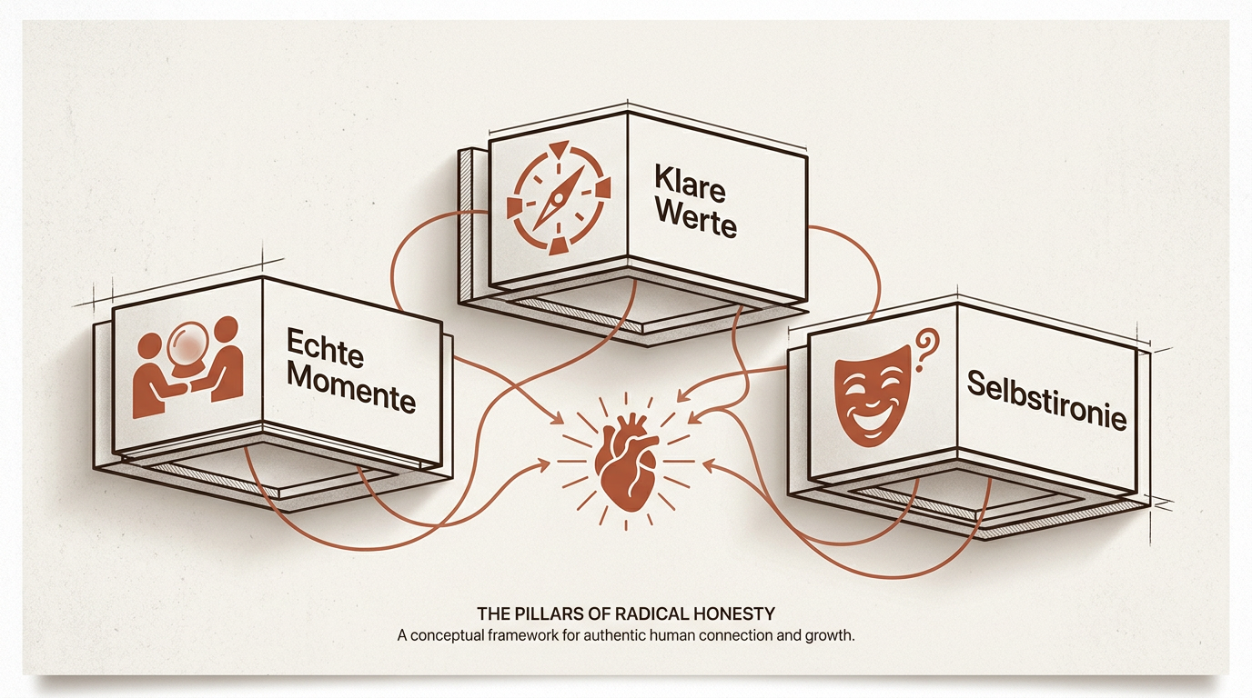 Diagramm der 3 Säulen der Radikalen Ehrlichkeit: Echte Momente, Klare Werte und Selbstironie als Basis für Dating-Erfolg.