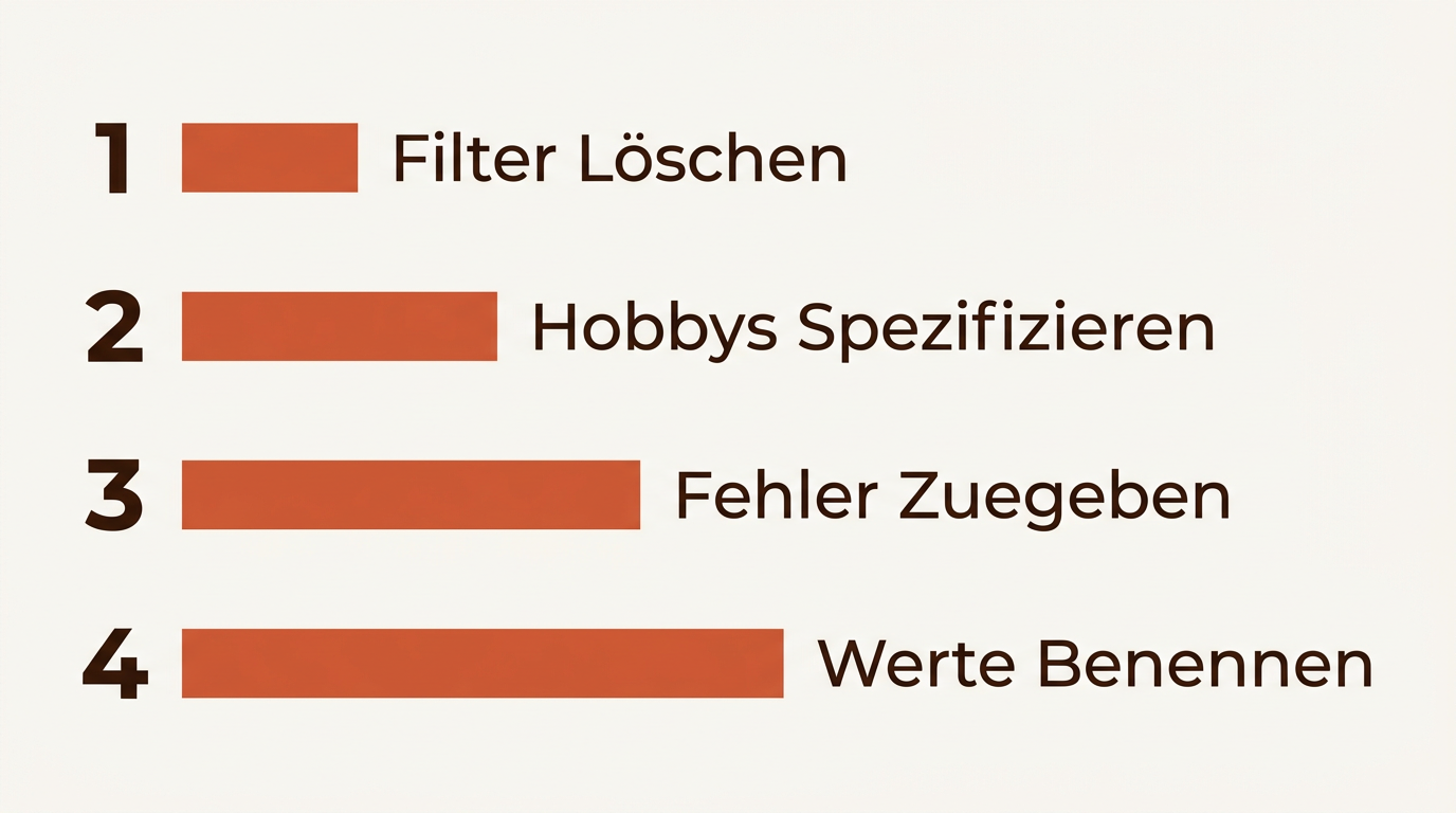 Checkliste für ein authentisches Dating-Profil: Filter löschen, Hobbys spezifizieren, Fehler zugeben und Werte klar benennen.