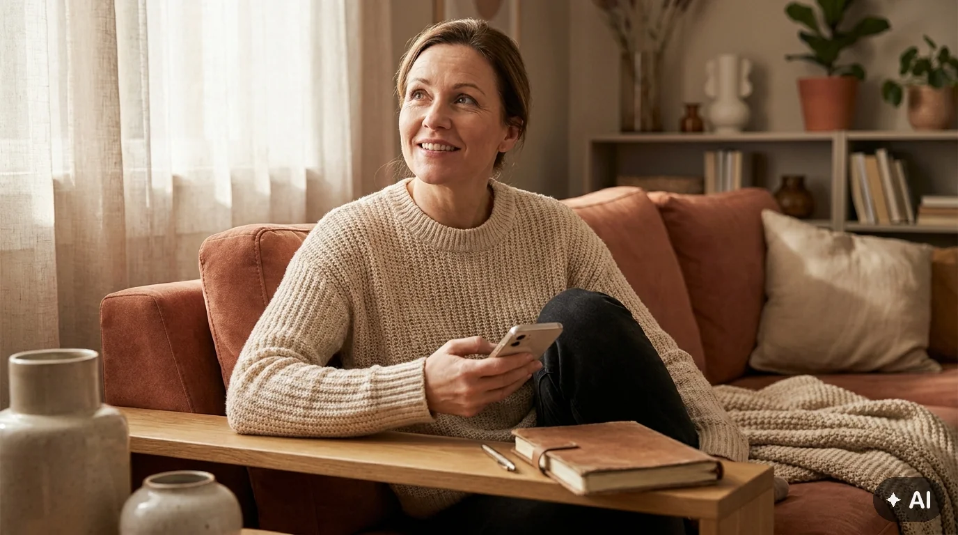 Frau überlegt auf dem Sofa, wie sie ihre Profilfragen persönlich beantwortet.