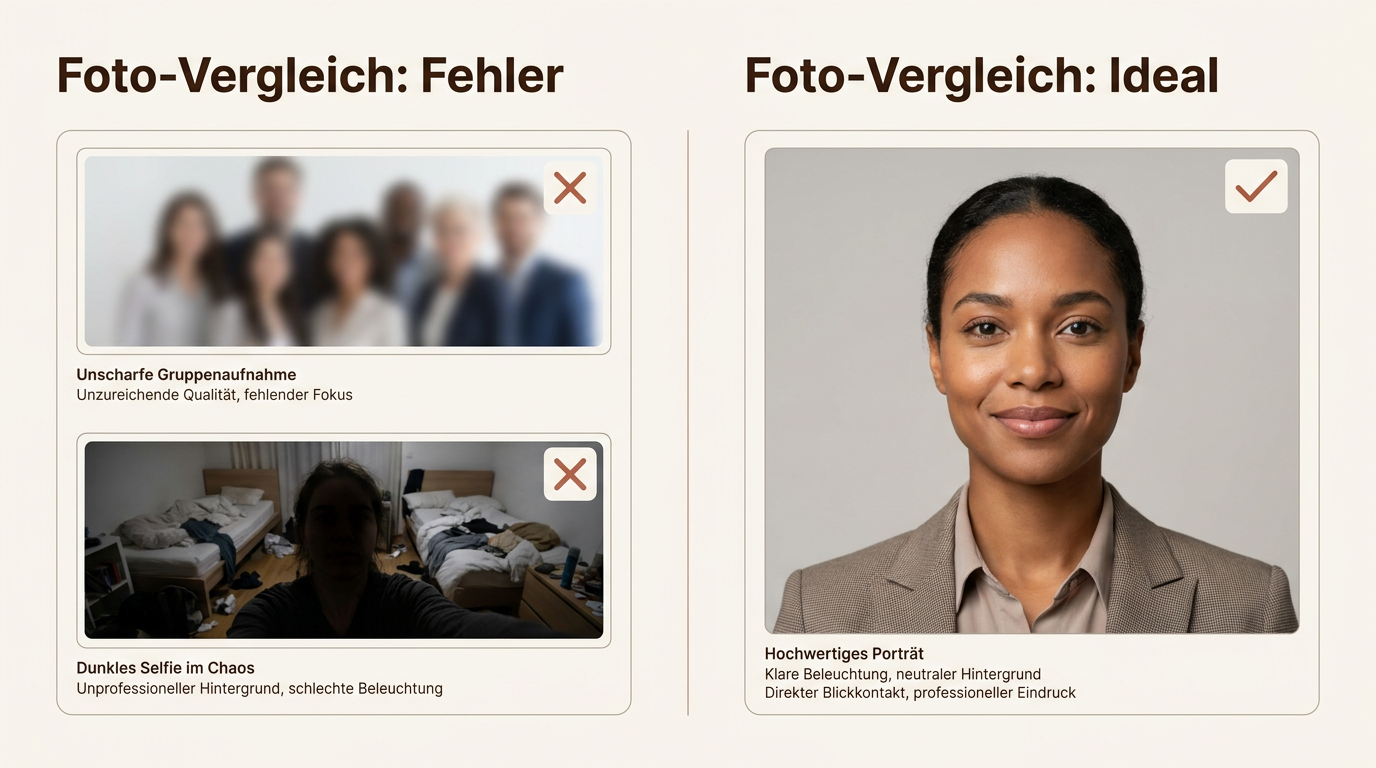 Ein visueller Vergleich zwischen schlechten Dating-Profilfotos und einem idealen, hellen Porträt in den Markenfarben Rostbraun und Beige.