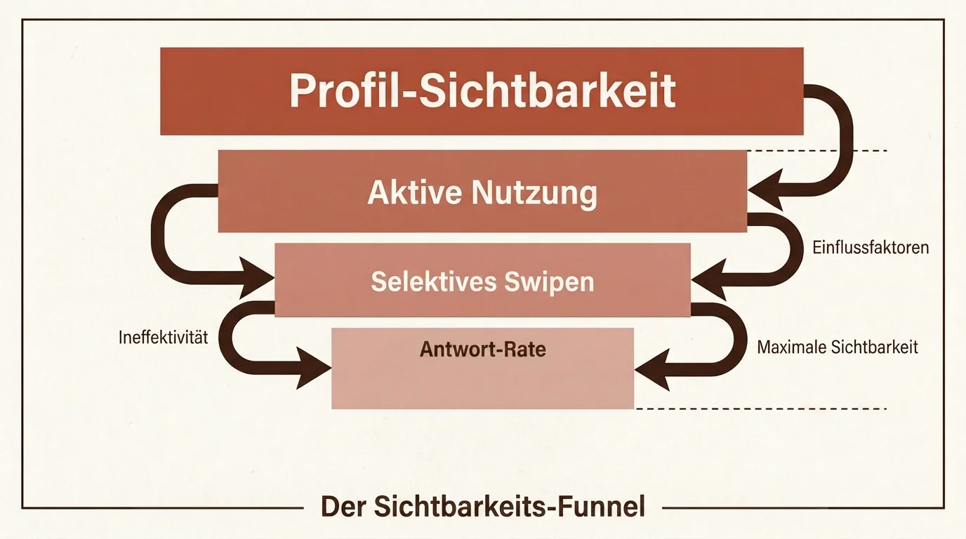 Ein Diagramm zur Profil-Sichtbarkeit und den Faktoren des Dating-Algorithmus wie Aktivität und Antwort-Rate in Rostbraun.