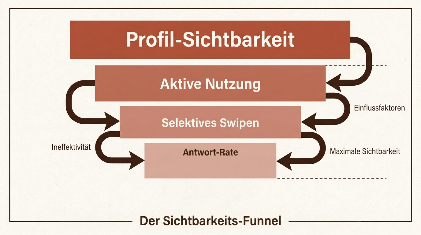 Ein Diagramm zur Profil-Sichtbarkeit und den Faktoren des Dating-Algorithmus wie Aktivität und Antwort-Rate in Rostbraun.