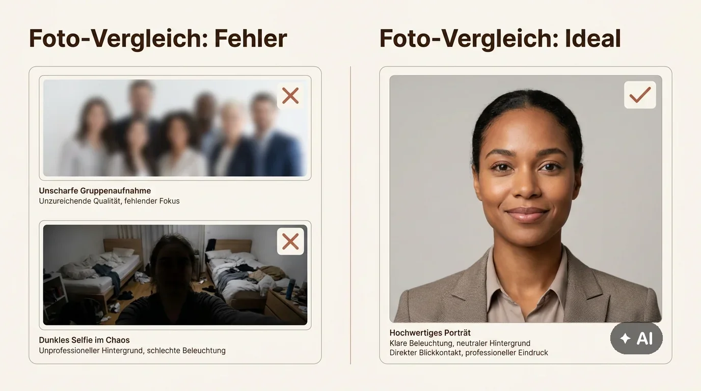 Ein visueller Vergleich zwischen schlechten Dating-Profilfotos und einem idealen, hellen Porträt in den Markenfarben Rostbraun und Beige.