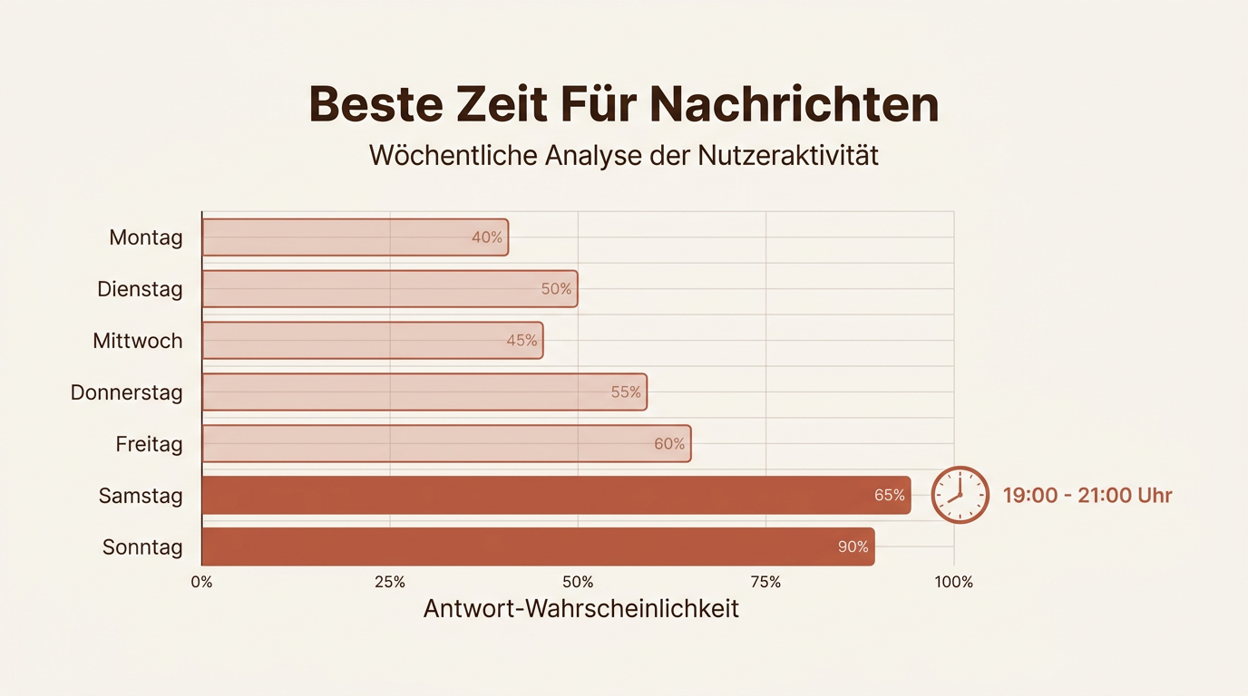 Balkendiagramm zeigt die Antwort-Wahrscheinlichkeit auf Dating-Apps mit dem Peak am Sonntagabend in der Markenfarbpalette.