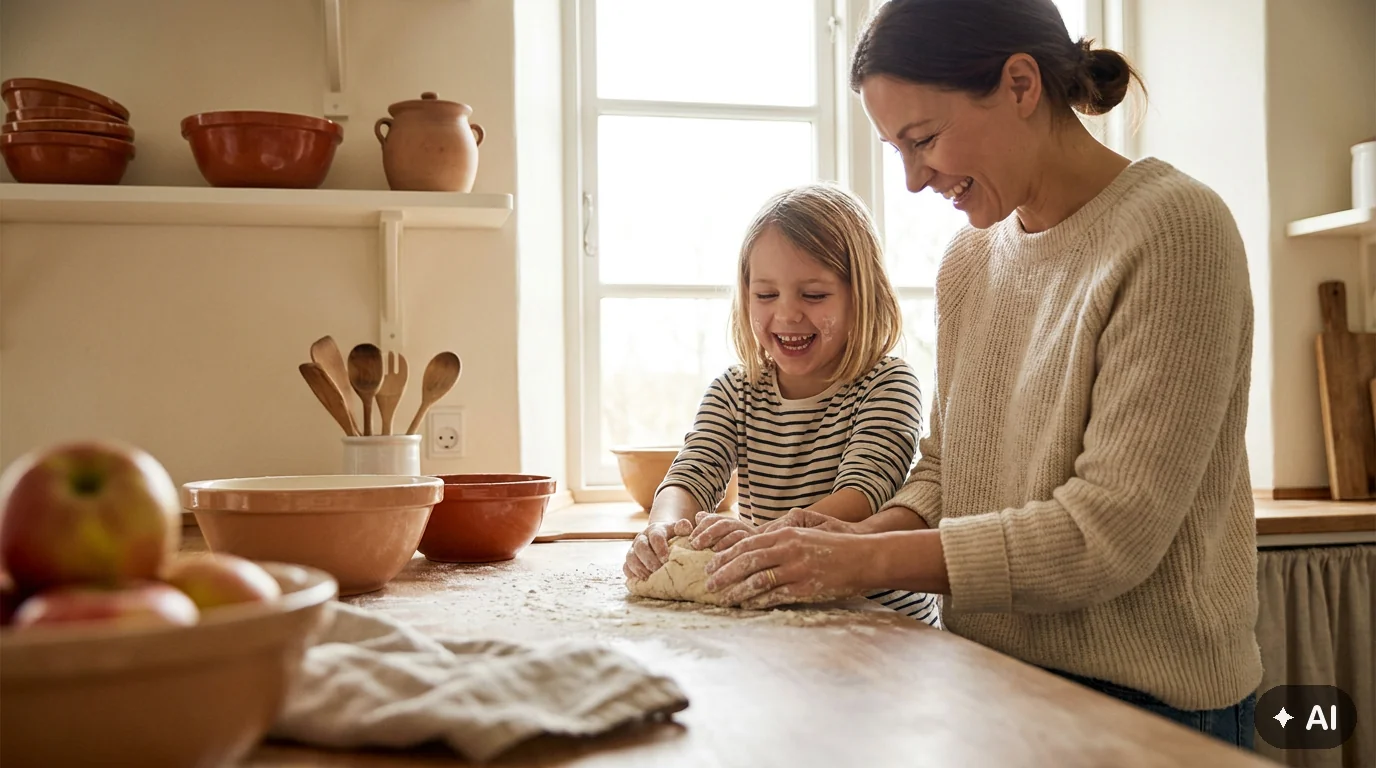 Mutter und Kind backen gemeinsam in der Küche – der Alltag, den ein Profil ehrlich zeigen darf.