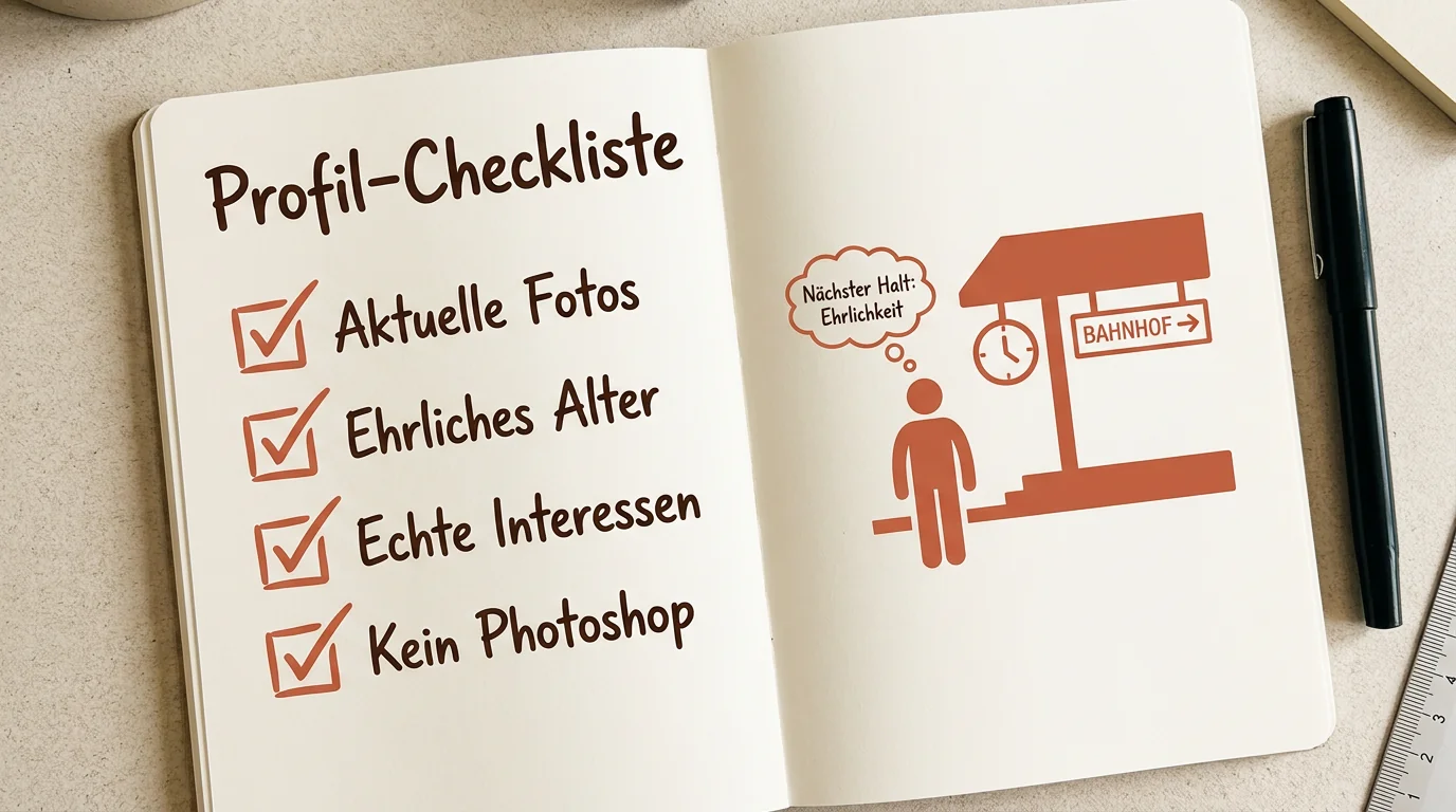 Eine grafische Checkliste für ein ehrliches Dating-Profil mit Punkten wie aktuelle Fotos und echtes Alter auf einem hellen Hintergrund.