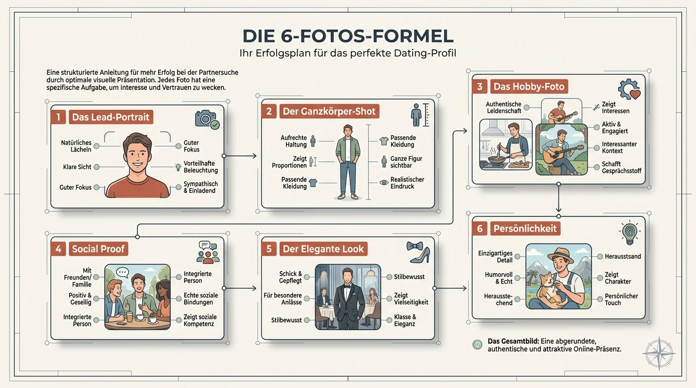 Strategische 6-Fotos-Formel für Dating-Profile: Eine Übersicht der optimalen Bildsequenz vom Portrait bis zum Hobby-Foto für mehr Matches.