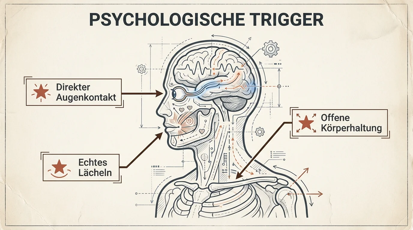 Grafische Darstellung psychologischer Trigger in Dating-Fotos: Wie Bildkomposition und Körpersprache die Wahrnehmung von Attraktivität beeinflussen.