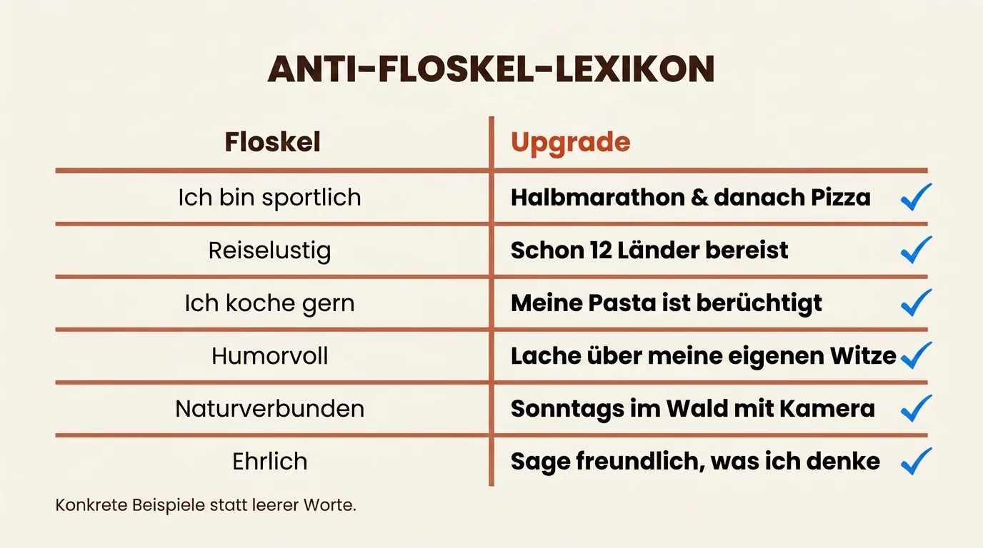Tabelle des Anti-Floskel-Lexikons, die langweilige Dating-Sprüche in spannende, spezifische Beschreibungen übersetzt.