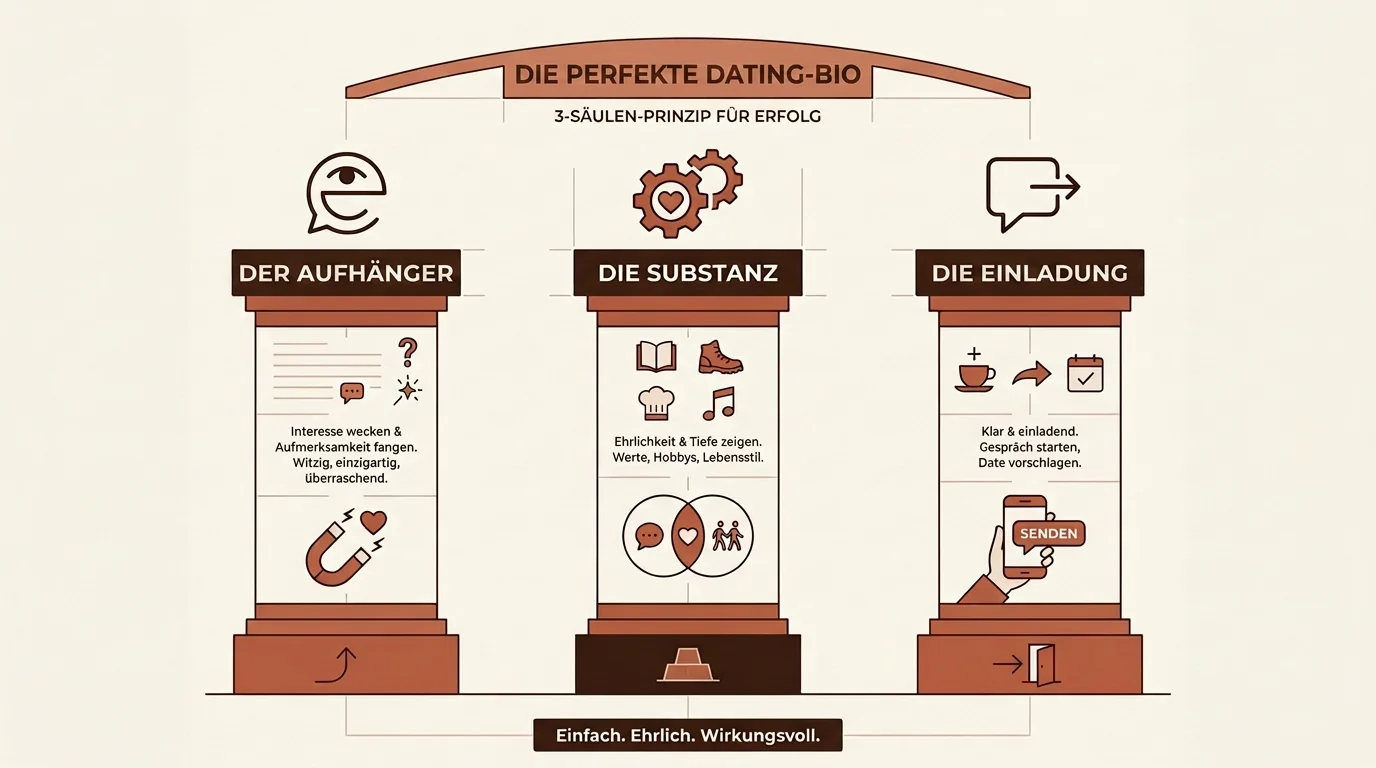 Infografik zum 3-Säulen-Prinzip für Dating-Profiltexte: Der Hook, Die Substanz und Der CTA als grafisches Modell.