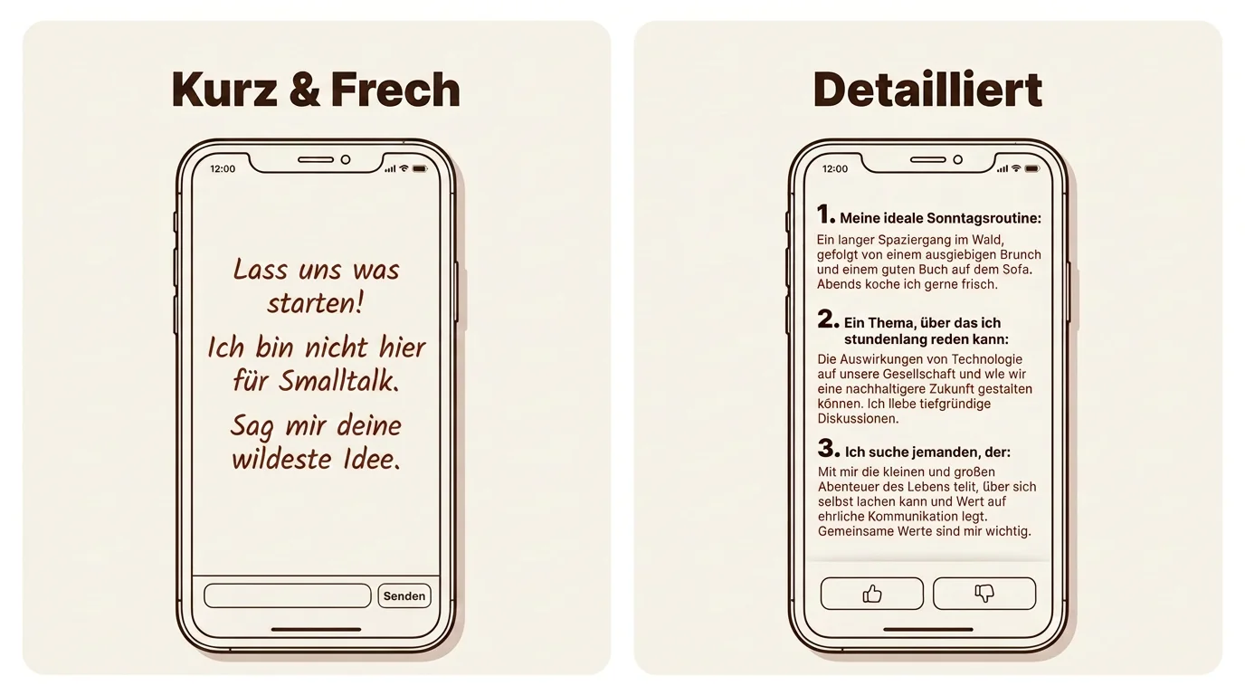 Vergleich von kurzen und detaillierten Profiltexten für verschiedene Dating-Apps wie Tinder, Hinge und Bumble.