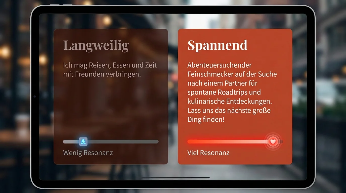 Ein Vergleich zwischen einem langweiligen und einem spannenden Dating-Profiltext mit einer Grafik zur Steigerung der Match-Rate.