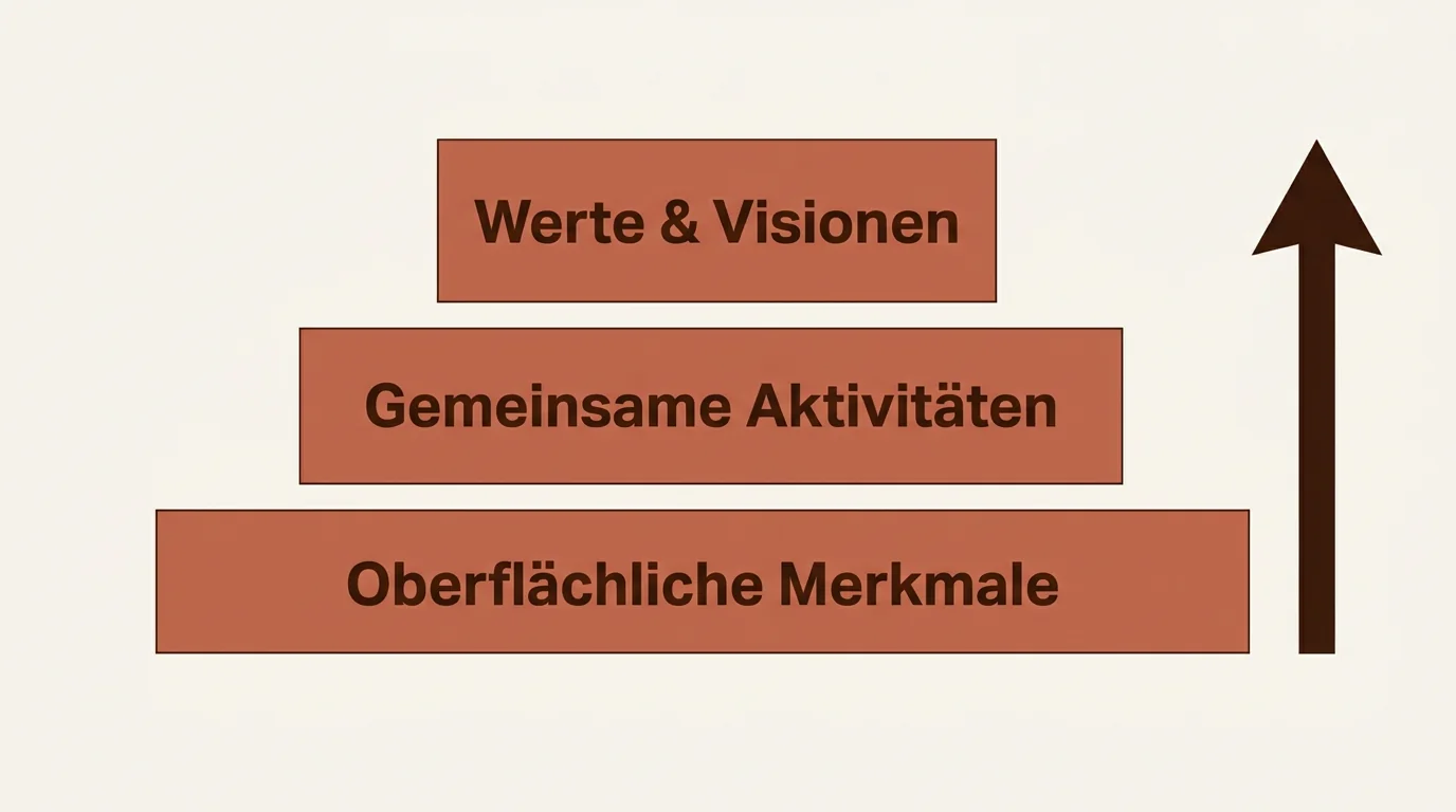 Strukturdiagramm zur Matching-Tiefe im Dating-Profil: Von oberflächlichen Merkmalen hin zu tiefgründigen Werten und Visionen.