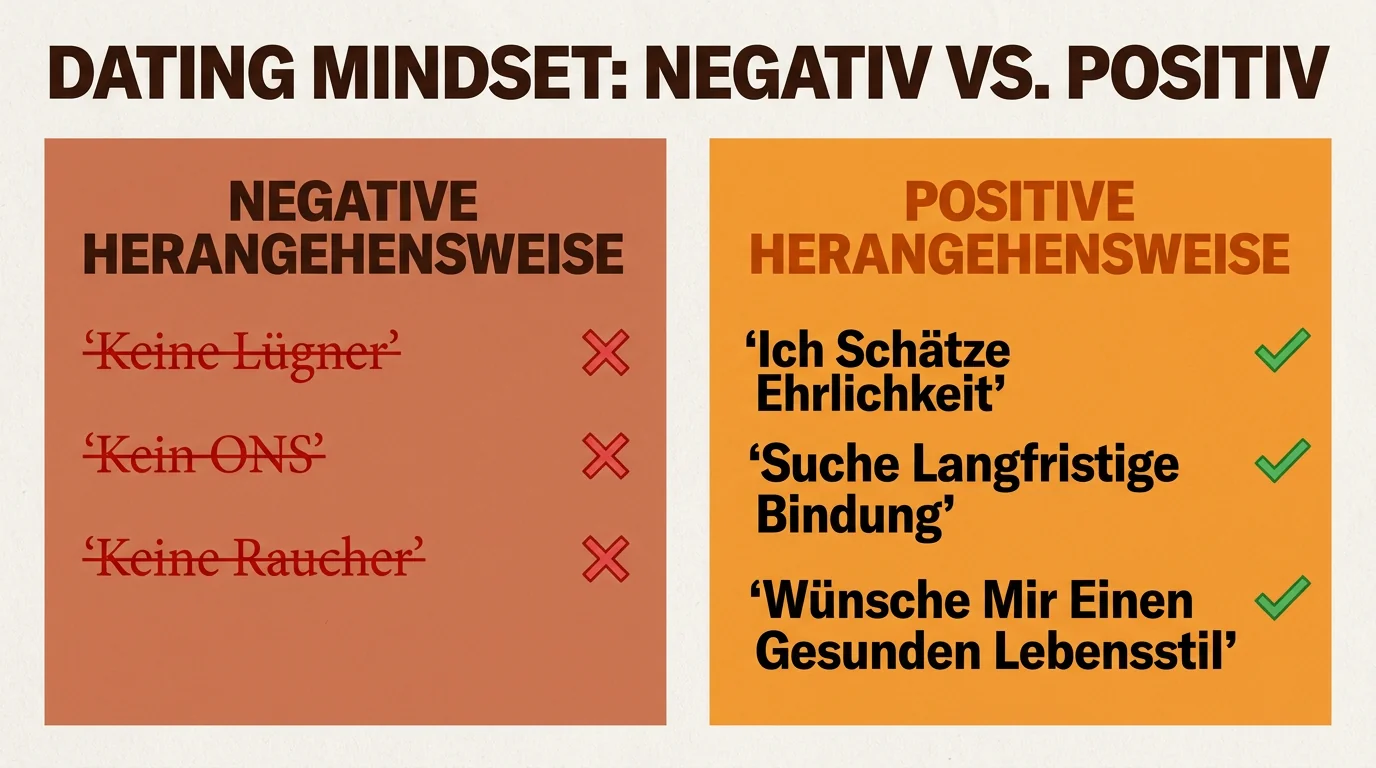 Infografik zum Vergleich von negativen Ausschlusskriterien und positiven Formulierungen im Dating-Profil für eine bessere psychologische Wirkung.