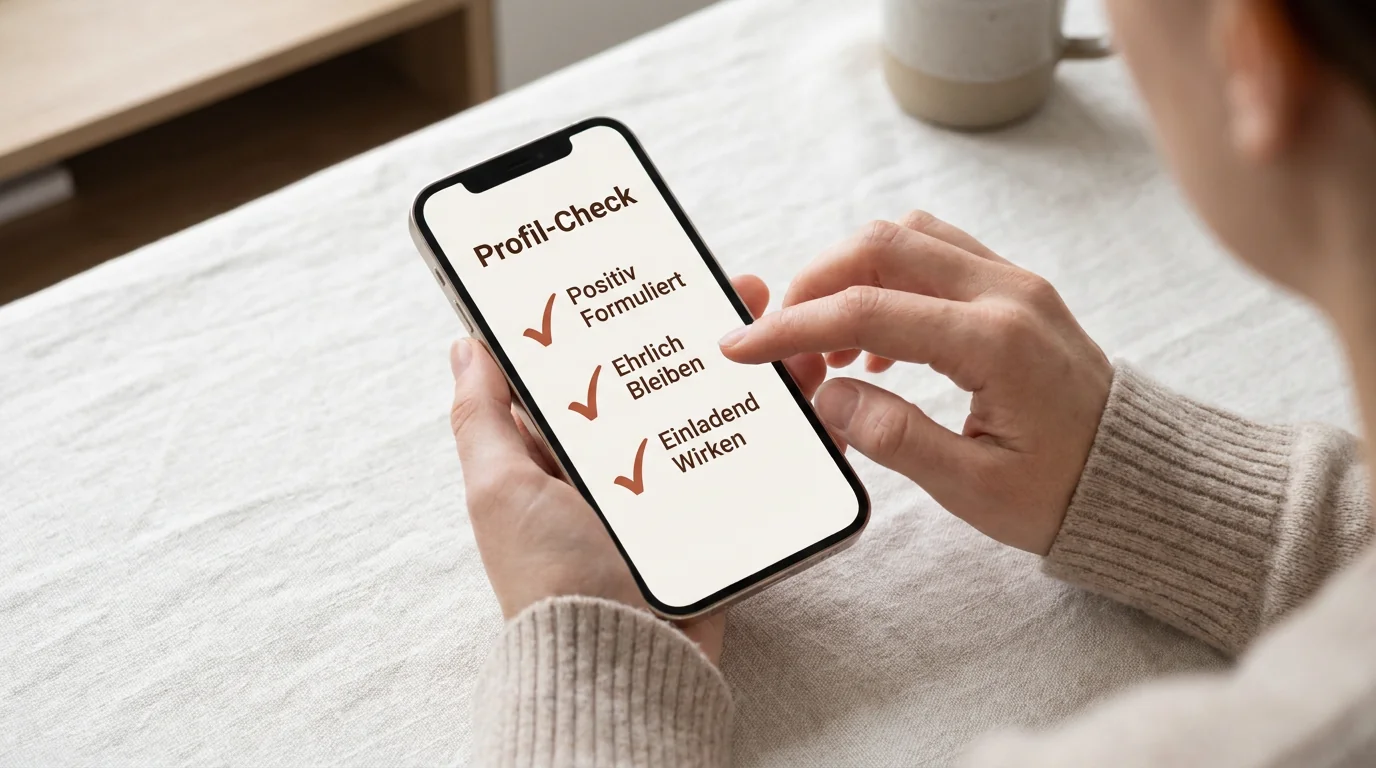 Nahaufnahme einer Person, die ihr Dating-Profil anhand einer Checkliste für positive Formulierungen und Ehrlichkeit überprüft.