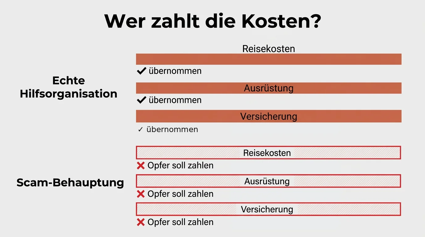 Vergleichschart zwischen echten Hilfsorganisationen und Betrugsmaschen bei der Übernahme von Reise- und Ausrüstungskosten.
