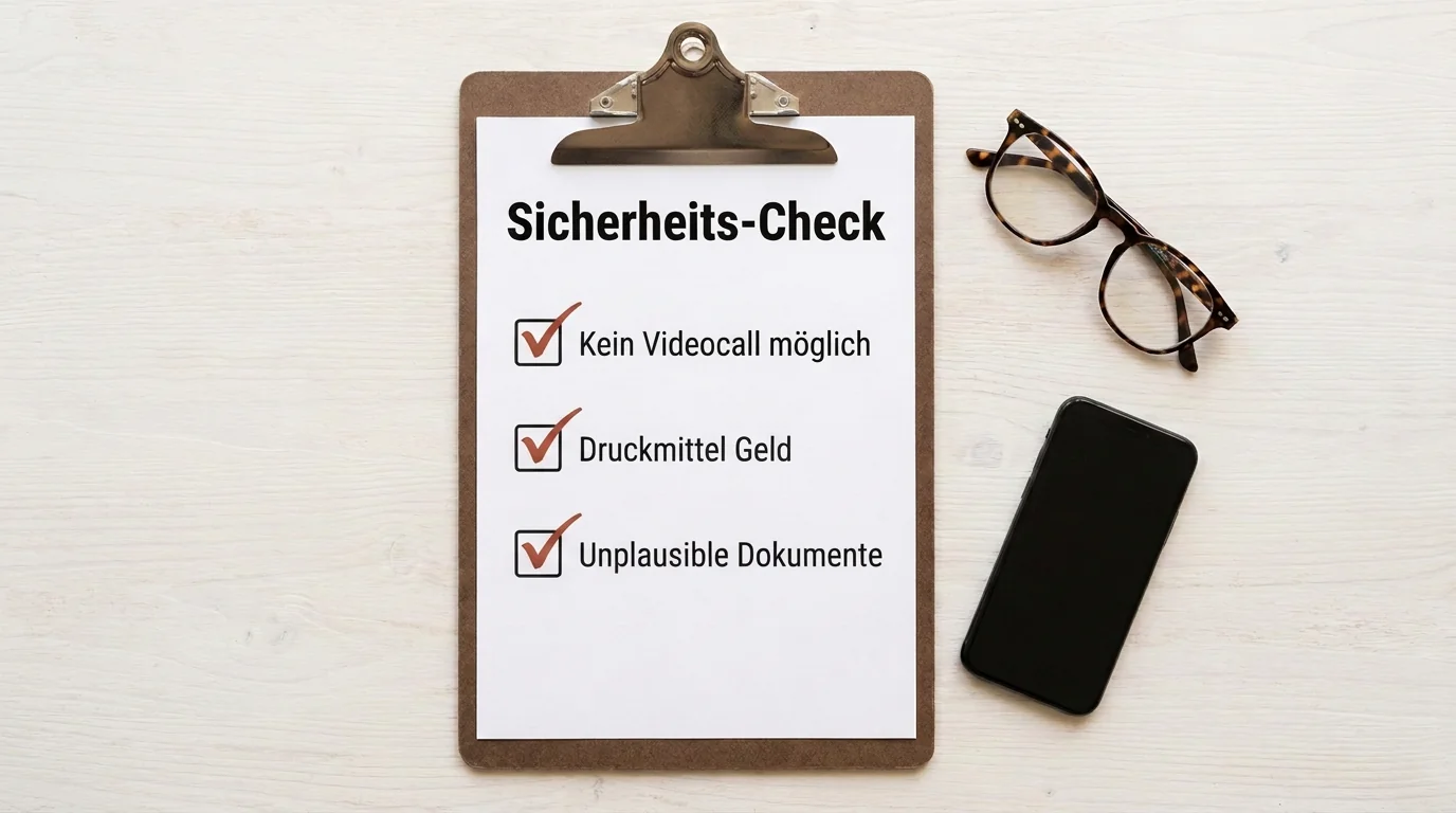 Flachbild-Arrangement einer Sicherheits-Checkliste mit Warnsignalen für Romance Scamming wie fehlende Videocalls und Geldforderungen.