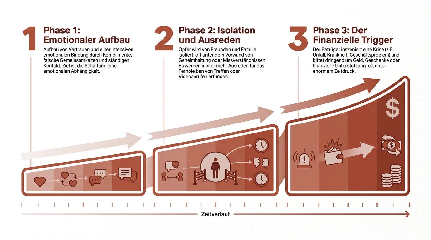 Infografik der drei Phasen einer Romance-Scam-Masche: Emotionaler Aufbau, Isolation durch Ausreden und die finale Geldforderung.