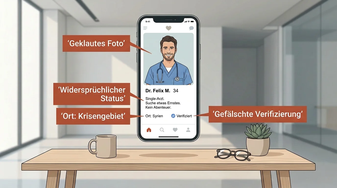 Illustration eines verdächtigen Dating-Profils mit Warnhinweisen zu gefälschten Fotos und widersprüchlichen Angaben bei einem Arzt-Scam.