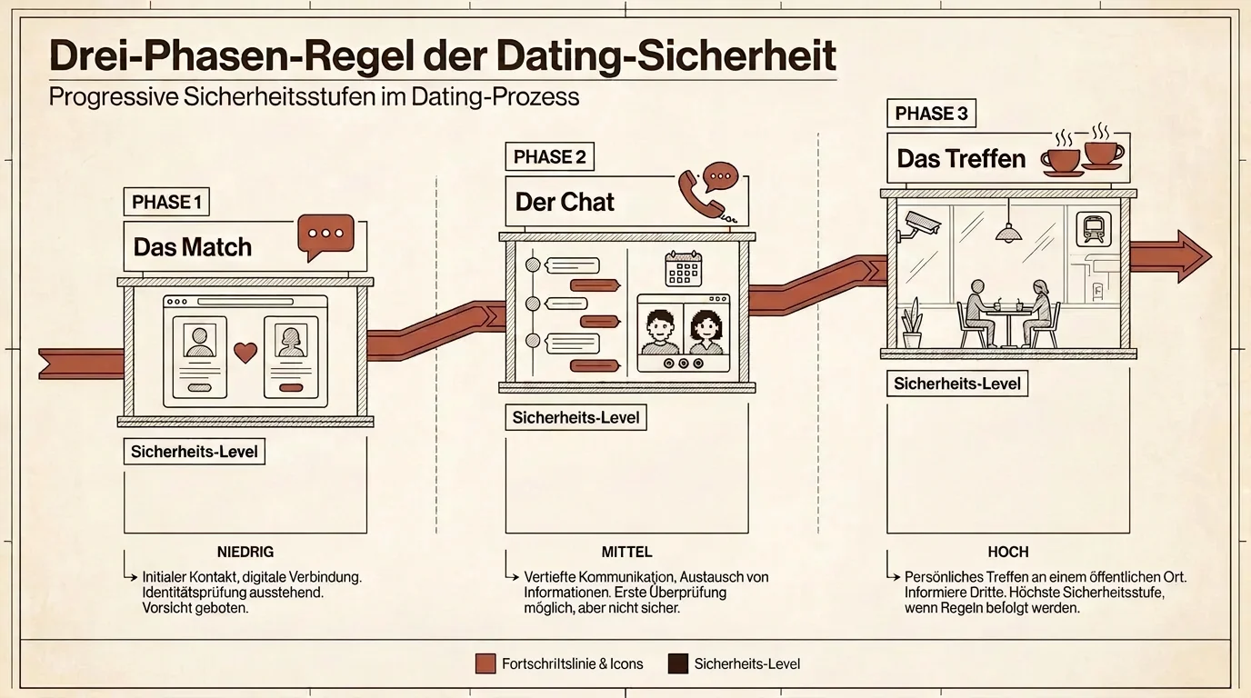 Diagramm der Drei-Phasen-Regel für Sicherheit im Online-Dating vom ersten Match bis zum persönlichen Treffen in Markenfarben.