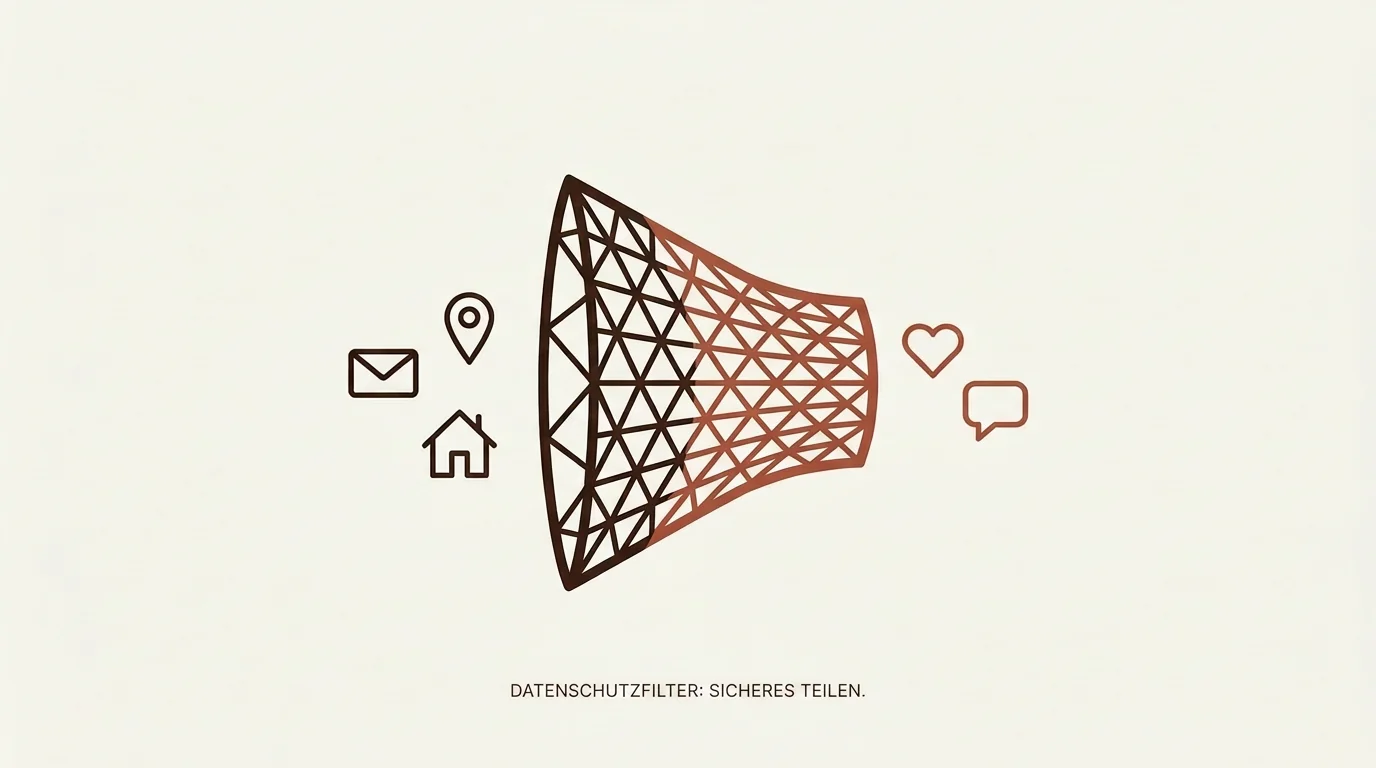 Illustration zum Thema Datenschutz beim Online-Dating mit Symbolen für Privatsphäre und sicheren Datenaustausch in Terrakotta und Braun.