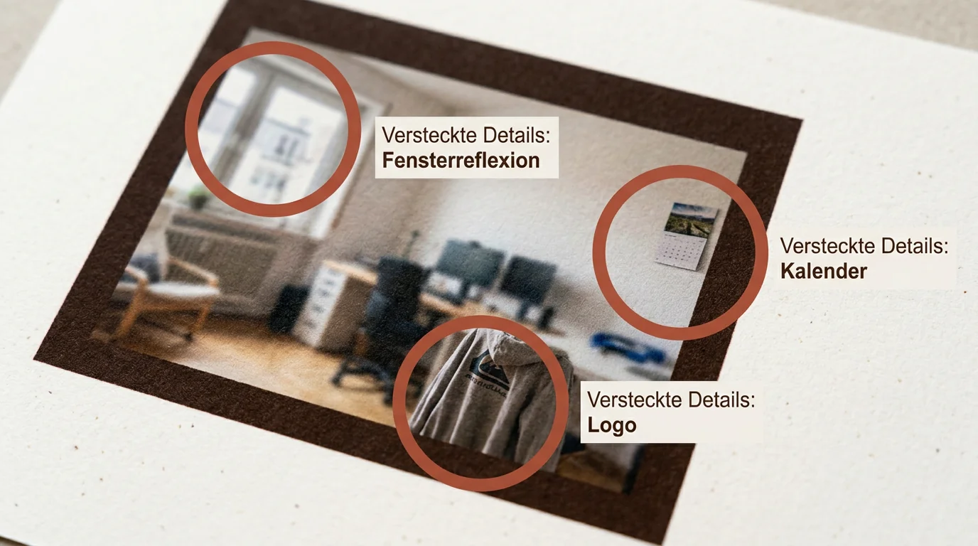 Detailaufnahme eines Fotos mit Markierungen für versteckte private Informationen wie Spiegelungen oder Hintergründe zur Datensicherheit.