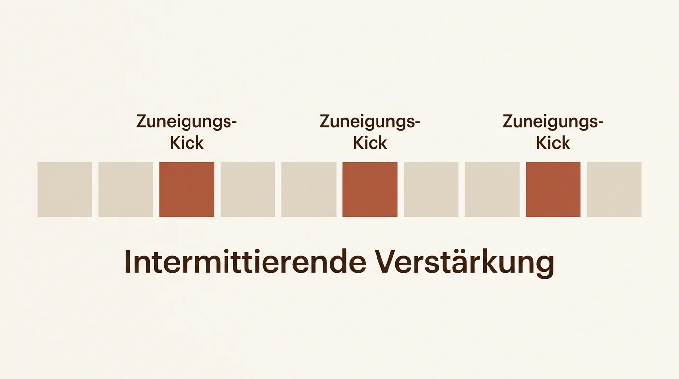 Eine Visualisierung des Casino-Prinzips zeigt unregelmäßige Zuneigungs-Kicks, die eine psychologische Abhängigkeit in toxischen Dynamiken erzeugen.