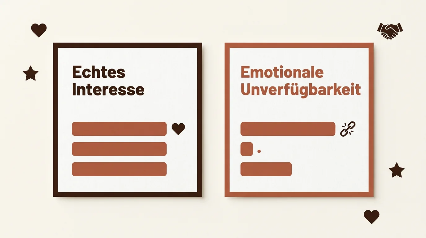 Vergleichstabelle zwischen echtem Interesse und emotionaler Unverfügbarkeit mit Balkendiagrammen in den Brandfarben Rostrot und Dunkelbraun.