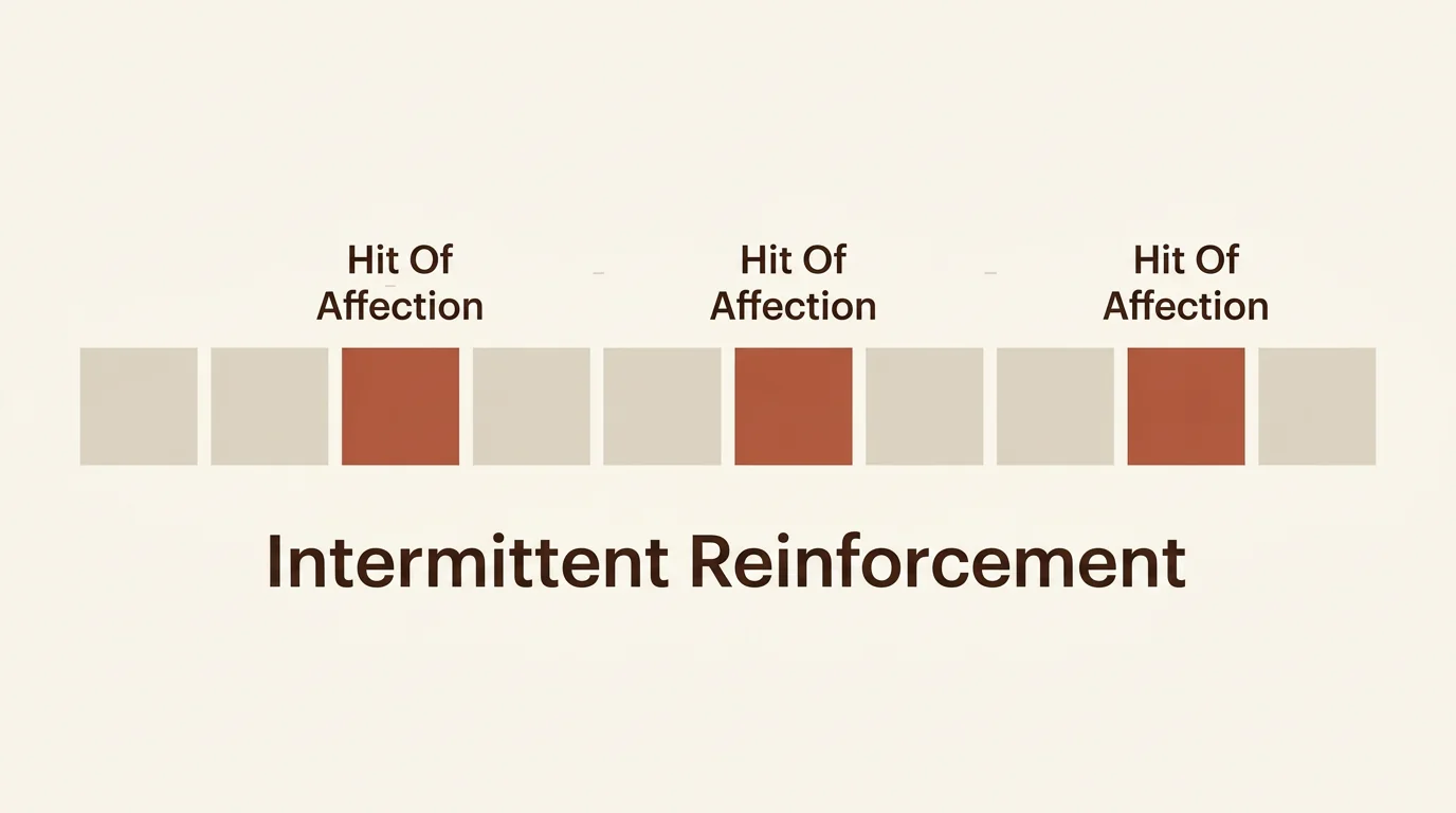 A visualisation of the slot machine effect, showing how irregular bursts of affection create a psychological dependency in toxic dynamics.