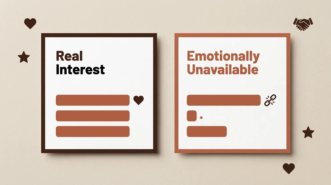 A comparison chart showing the difference between genuine interest and emotional unavailability, using bar graphs in brand colours of rust red and dark brown.