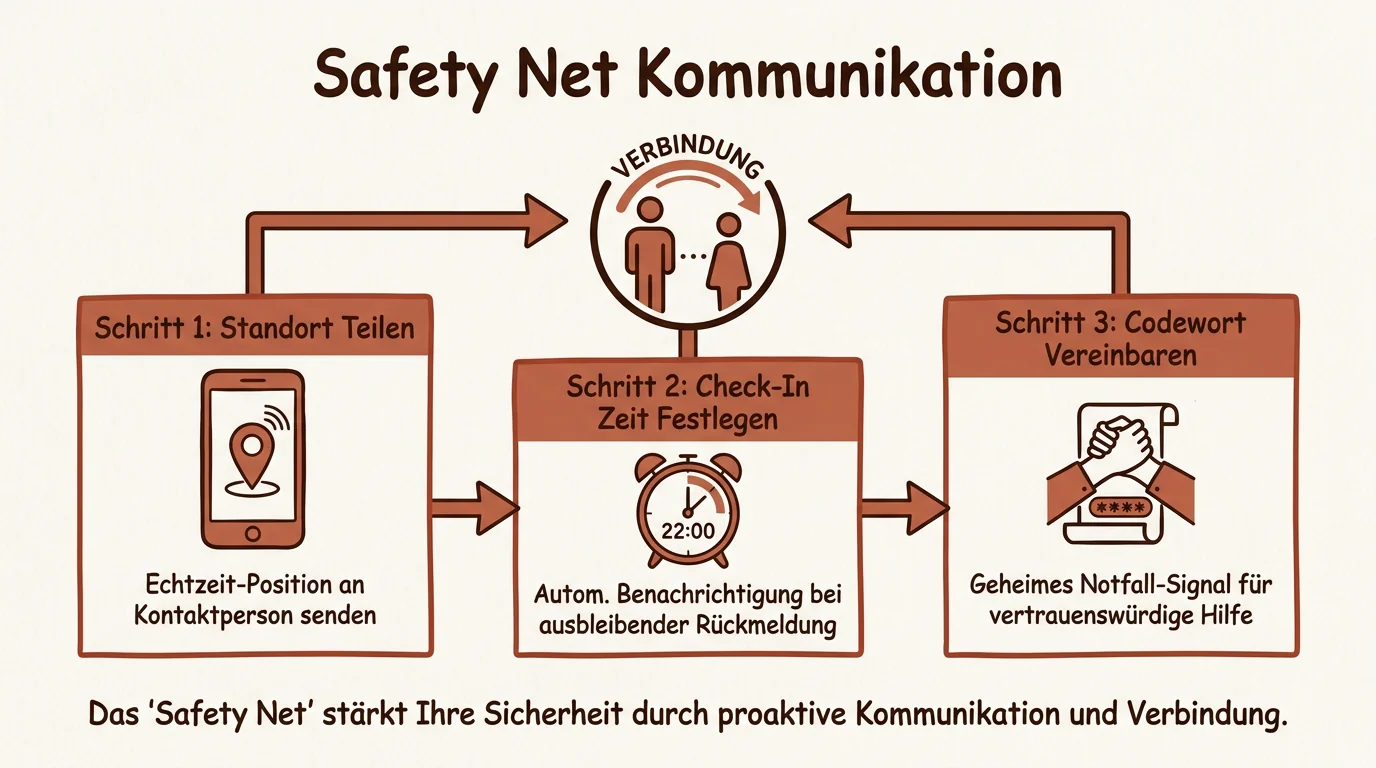Ein schematisches Diagramm, das den Ablauf der Sicherheitskommunikation mit einem Notfallkontakt während eines Dates in Deutsch darstellt.